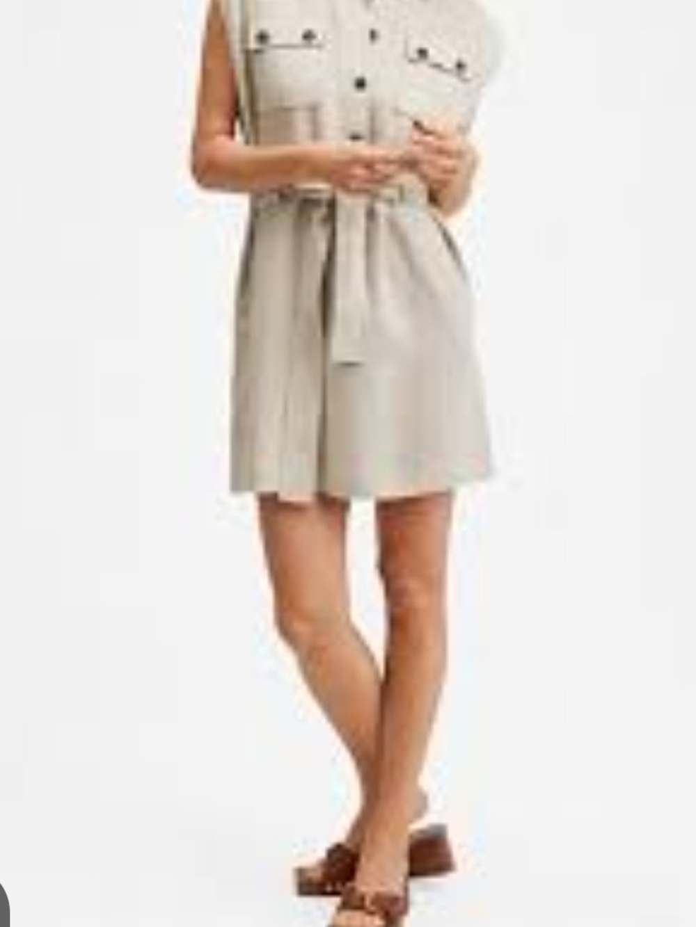 Sleeveless Tie-Waist Shirt Dress in Light Beige